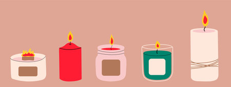 Various Candles. different shapes and sizes. Pillar, jar candle, square, container candle, multi wick. Decorative wax candles for relax and spa.のイラスト素材