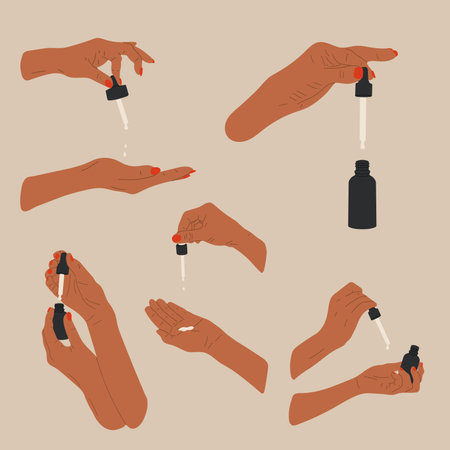 Set of Female hands holds pipette for skincare with oil serum bottle, cream. hand draw vector illustrationのイラスト素材