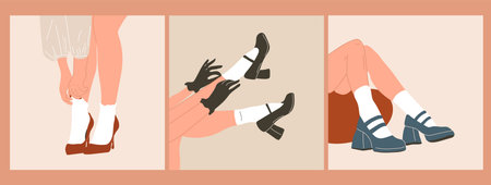 Set of three Female legs in stylish shoes with heels and lace socks in retro style. Fashion and style, clothes and accessories. footwear.のイラスト素材