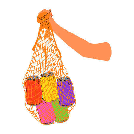 Hand hold eco bag. People bring their own bag for groceries. Reusable plastic free pack with food. Zero waste products for shopping vector concept. Eco bag shopper, organic green ecologicaのイラスト素材