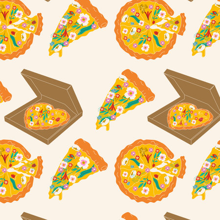 Seamless pattern with Pizza with different flowers. spring pizza. hand drawn vector illustrationのイラスト素材