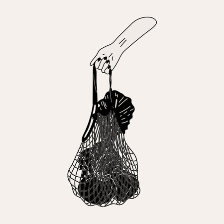 Hand hold eco bag. People bring their own bag for groceries. Reusable plastic free pack with food. Zero waste products for shopping vector concept in monochrome styleのイラスト素材