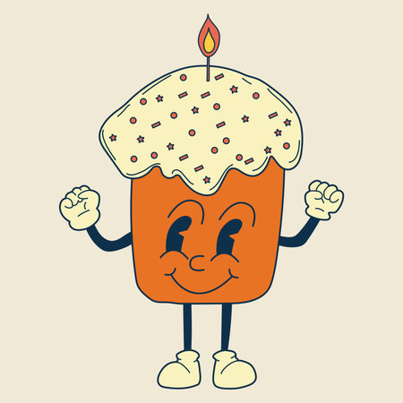 <p>Retro easter cake mascot. Cute character in trendy retro 60s 70s cartoon style. Vector hand drawn illustration</p>のイラスト素材