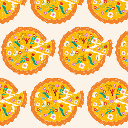 Seamless pattern with Pizza with different flowers. spring pizza. hand drawn vector illustrationのイラスト素材