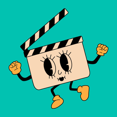 Retro clapperboard mascot. Cute character in trendy retro 60s 70s cartoon style. Vector hand drawn illustrationのイラスト素材