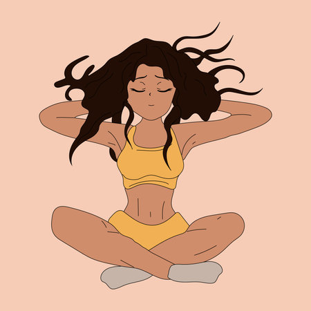 Young woman in anime style meditating sitting in lotus on the natural background. Concept illustration for yoga, meditation, relax and healthy lifestyle. Vector illustration in flaのイラスト素材