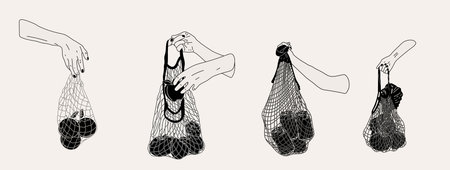 Set of Hand hold eco bag. People bring their own bag for groceries. Reusable plastic free pack with food. Zero waste products for shopping vector concept in monochrome styleのイラスト素材