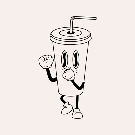 Retro Soda mascot. Cute character in trendy retro 60s 70s cartoon style. Vector hand drawn illustrationのイラスト素材