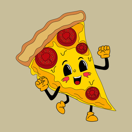 Cute cartoon pizza character. Happy and cheerful emotions. Old animation 60s 70s, funny cartoon characters. Trendy illustration in retro style.のイラスト素材