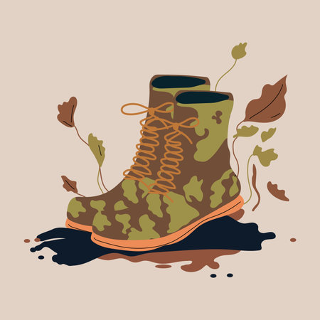 army boots illustration. flat vector. Hiking boots. Dirty Sturdy leather travel shoesのイラスト素材