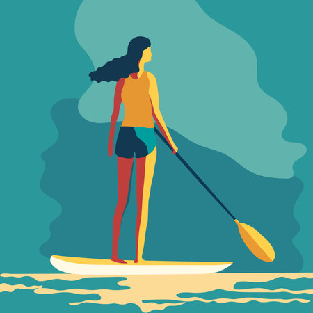 Young woman standing on sup board isolated. flat vectorのイラスト素材