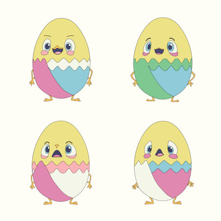 Set of four Cute character little chicken Easter egg. Easter. vector illustration.のイラスト素材