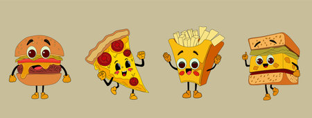 Retro cartoon characters in trendy style, mascot characters. Flat vector illustration. Old animation 60s 70s, funny cartoon characters.のイラスト素材