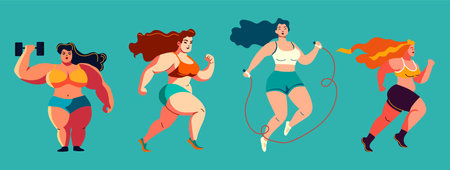 Set of four Beautiful young women involved in sports. Bright flat workout sport illustrationのイラスト素材