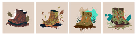 Set of four Army boots illustration. flat vector. Hiking boots. Dirty Sturdy leather travel shoesのイラスト素材