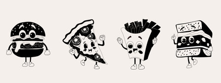 Retro cartoon characters in trendy style, mascot characters. Flat vector illustration. Old animation 60s 70s, funny cartoon characters.のイラスト素材