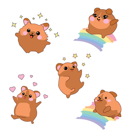 Set kit collection vector isolated illustration cute cartoon hamsters kawaii chibi style Emoji character sticker emoticon smile emotion mascot sleep rainbowのイラスト素材