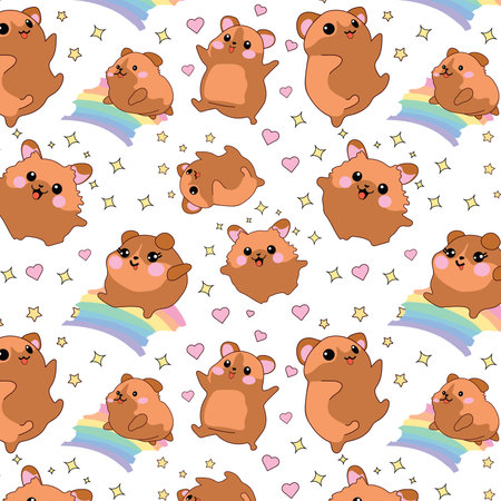 Seamless pattern with kit collection vector illustration cute cartoon hamsters chibi style Emoji character sticker emoticon smile emotion mascot sleep rainbowのイラスト素材