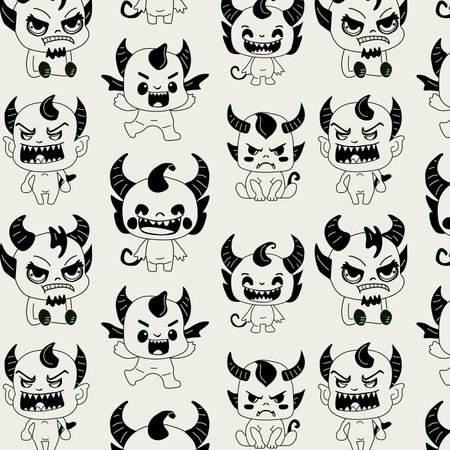 Seamless pattern with Stickers emoji emoticon emotion happy characters sweet hellish entity cute horned devil, evil spirit, devilry, impure forceのイラスト素材