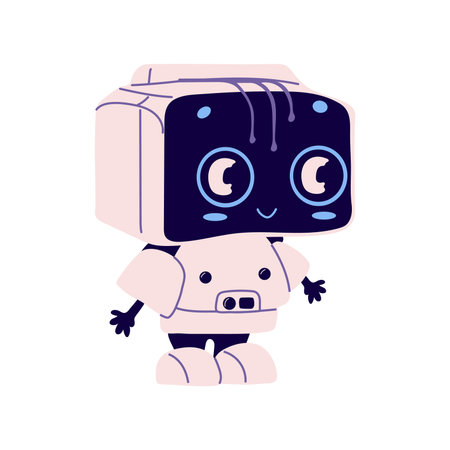 Cute robot in retro futuristic style. Android bot character, smart machine. Smart assistant with clipboard, studying information. Flat vector illustration isolated on white backgroundのイラスト素材