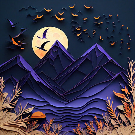 Paper quilling paper cut art paper illustration moonlit night. Generative AI.の素材