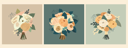 Set with three Wedding bouquet. Vector illustration in flat cartoon style.のイラスト素材