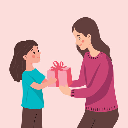The child gives his mother gift. Vector cartoon illustration for Mother's Day or birthday.のイラスト素材