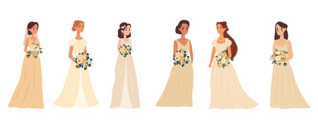 Big set of brides with a wedding bouquets of flowers. Vector illustration in flat cartoon style.のイラスト素材
