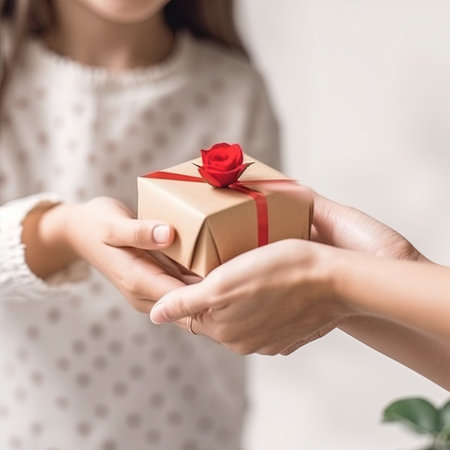 Woman with gift for Mother's Day received from her little daughter at home. Generative AIの素材