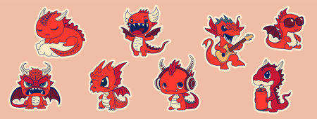 Set of Vector Stock Illustration isolated Emoji characters cartoon dragon dinosaur laughs sticker emoticon for site, info graphics, video, animation, websites, mail, newsletters, rのイラスト素材