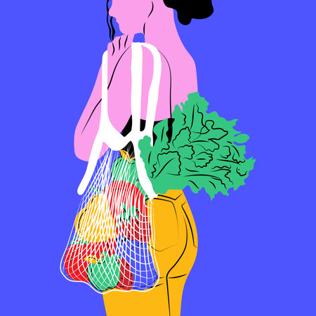 Girl with eco shopper.Vector in cartoon style. Zero waste products for shopping vector conceptのイラスト素材