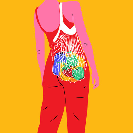Girl with eco shopper.Vector in cartoon style. Zero waste products for shopping vector conceptのイラスト素材
