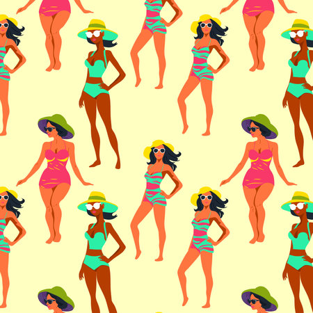 Seamless pattern with Beautiful young women in hat. Girls in swimsuit is sunbathing under summer sun.のイラスト素材