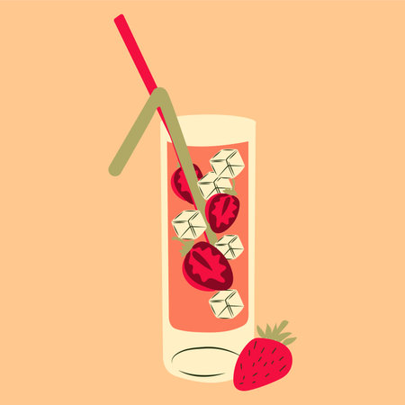 Summer cocktail in short glass with strawberry and ice cubes. Refreshing tropical beverage. Bar summer menu. Colorful vector illustration of summer soft or alcoholic drinkのイラスト素材