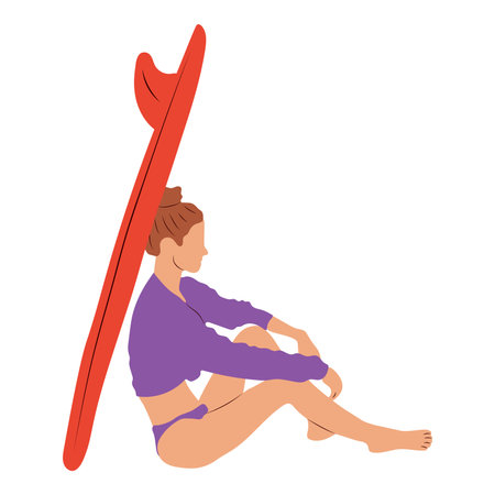 Surf girl minimalist vector illustration. Flat style digital art. Young woman with surfboard in full growthのイラスト素材