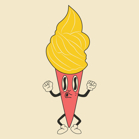 Cute Cartoon Ice cream character. Happy and cheerful emotions. Old animation 60s 70s, funny cartoon characters. Trendy illustration in retro style.のイラスト素材