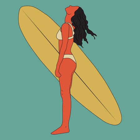 Surf girl minimalist vector illustration. Flat style digital art. Young woman with surfboard in full growthのイラスト素材