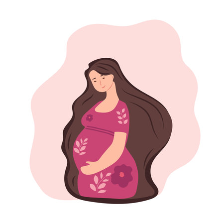 Portrait of a beautiful young pregnant woman. Concept of pregnancy and motherhood. Flat vector illustration.のイラスト素材