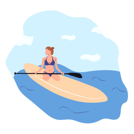 water sports. Young woman standing on sup board isolated. Surfers and others during windsurfing, kiteboarding. Flat graphic vector illustrationsのイラスト素材