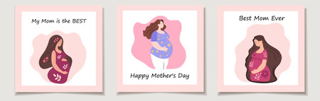 Set of three cards with Mother's Day. Portrait of beautiful young pregnant women. Concept of pregnancy and motherhood. Flat vector illustration.のイラスト素材