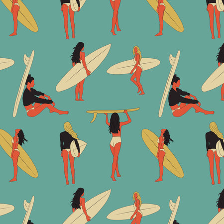 Seamless pattern with Surf girls minimalist vector illustration. Flat style digital art. Young woman with surfboard in full growthのイラスト素材
