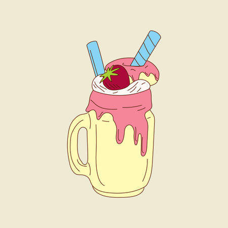 A milkshake with a strawberry and ice cream cone. Vector illustration isolatedのイラスト素材