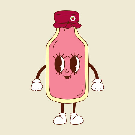 Cute happy funny milkshake, bottle of strawberry milk 30s cartoon mascot character 40s, 50s, 60s old animation style.のイラスト素材