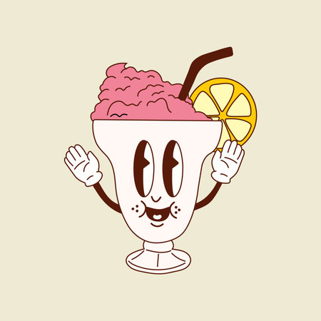 Cute happy funny milkshake 30s cartoon mascot character 40s, 50s, 60s old animation style.のイラスト素材