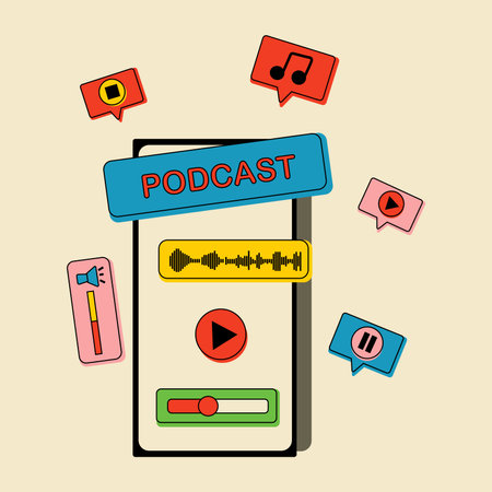 Phone with podcast on screen and decorative design elements. Communication, social networking concept. Vector illustration in flat styleのイラスト素材