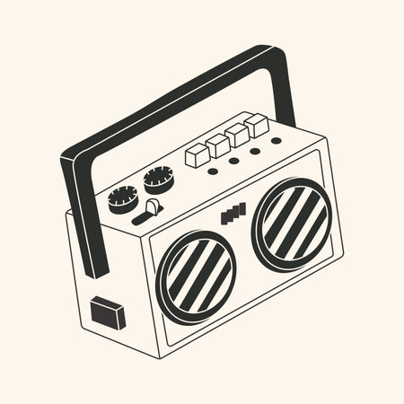 Black and white Old School radio cassette tape player icon in flat style on a white backgroundのイラスト素材