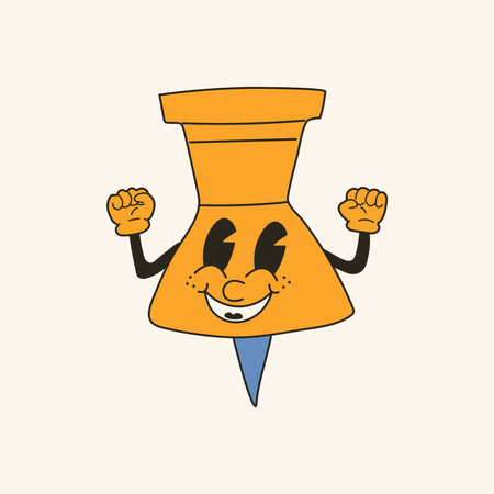 Drawing Pin as School Item 30s cartoon mascot character 40s, 50s, 60s old animation style. Cartoon cheerful school mascotのイラスト素材