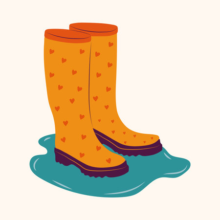 Rubber boots cartoon vector illustration. foot protection. Orange gumboots with hearts, galoshes isolated on white backgroundのイラスト素材