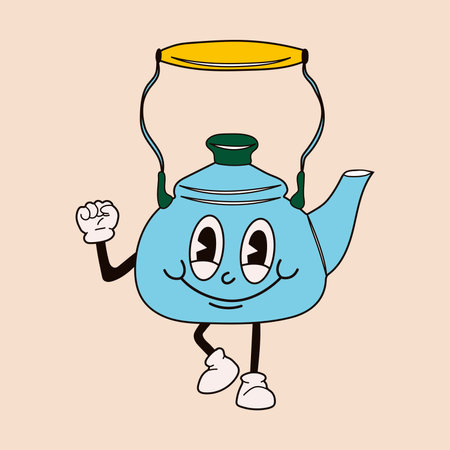 Cute happy funny kettle 30s cartoon mascot character 40s, 50s, 60s old animation style.のイラスト素材