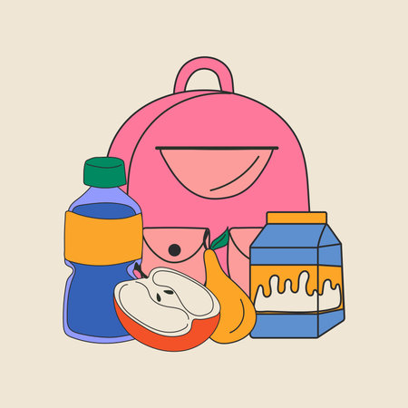 School lunch box various foods. Hand drawn vector illustration. Isolated elements, design templates. healthy food conceptのイラスト素材